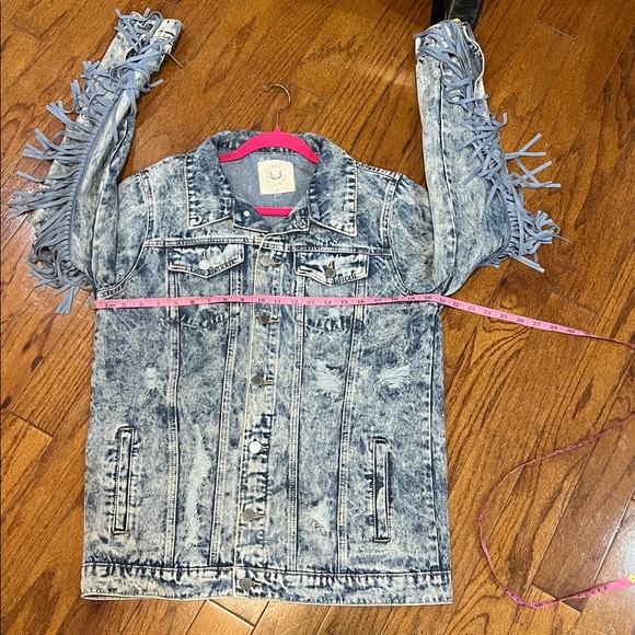 Fringe Denim Distressed Jean Jacket Medium Womens - Picture 6 of 7